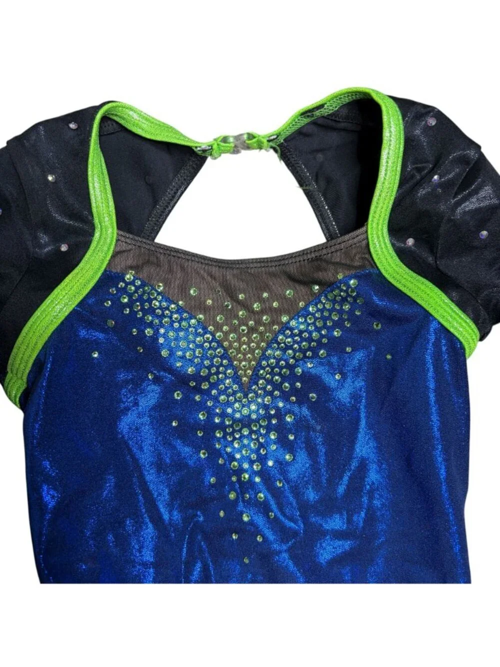 GK Competition Leotard Size SM Child Medium Blue Black Lime Green 3/4 Sleeve
